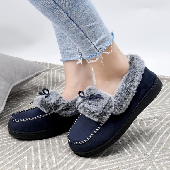 Women's Dark Blue Fuzzy Fluffy Warm Winter Closed Back Fur Lined Slippers Boot - Picture 2 of 6